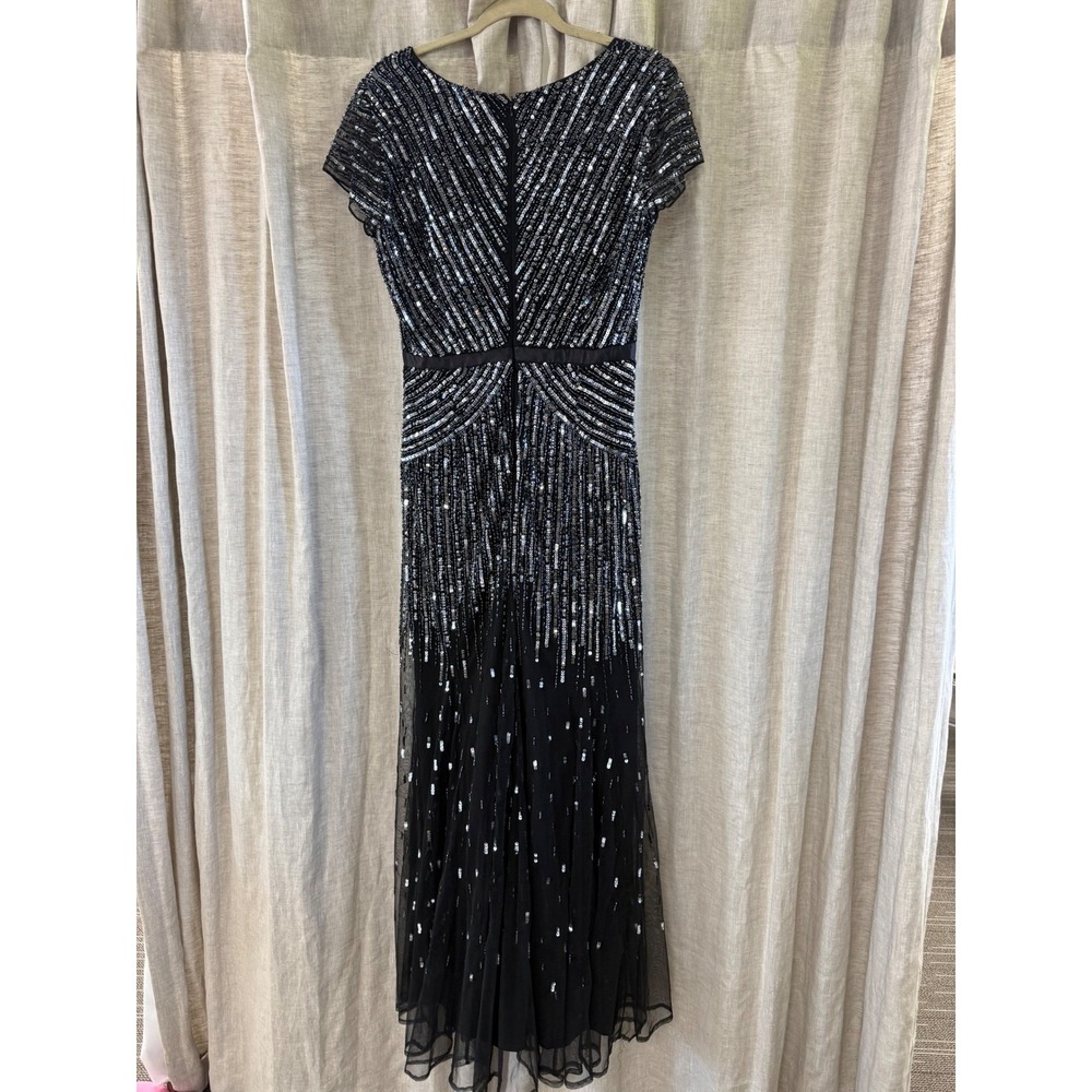 Adrianna Papell Black Silver Sequin Beaded Gown V-Neck Formal Maxi Dress 12 - Picture 3 of 7